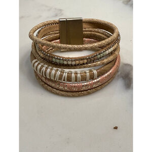 Gold and Pink Enamel Accent Cuff Bracelet